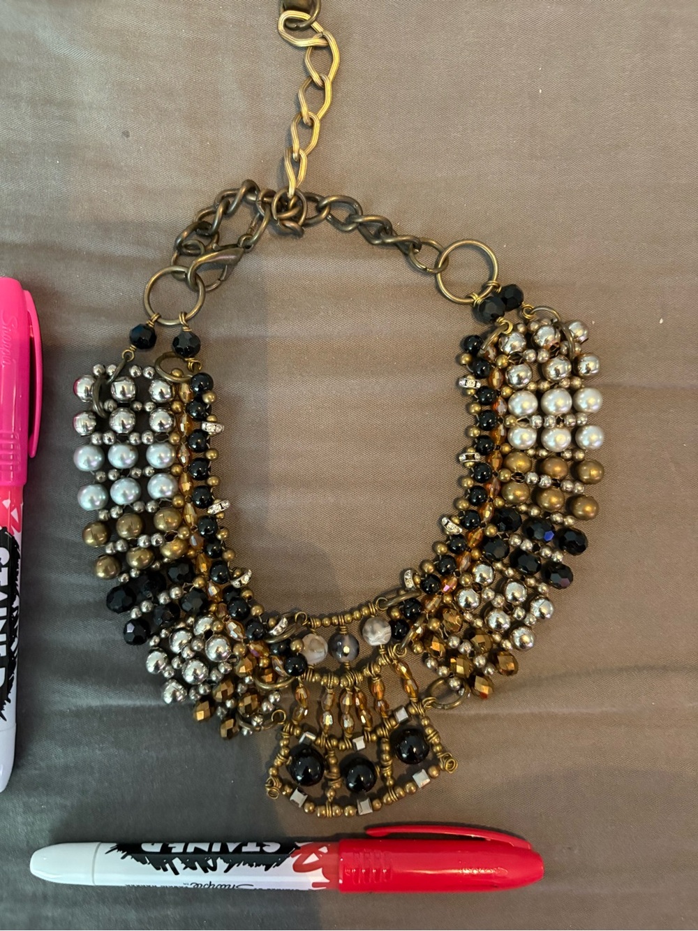 Pam Hiran Anthropologie Beaded Bib Statement Necklace — Black Pearl Gold